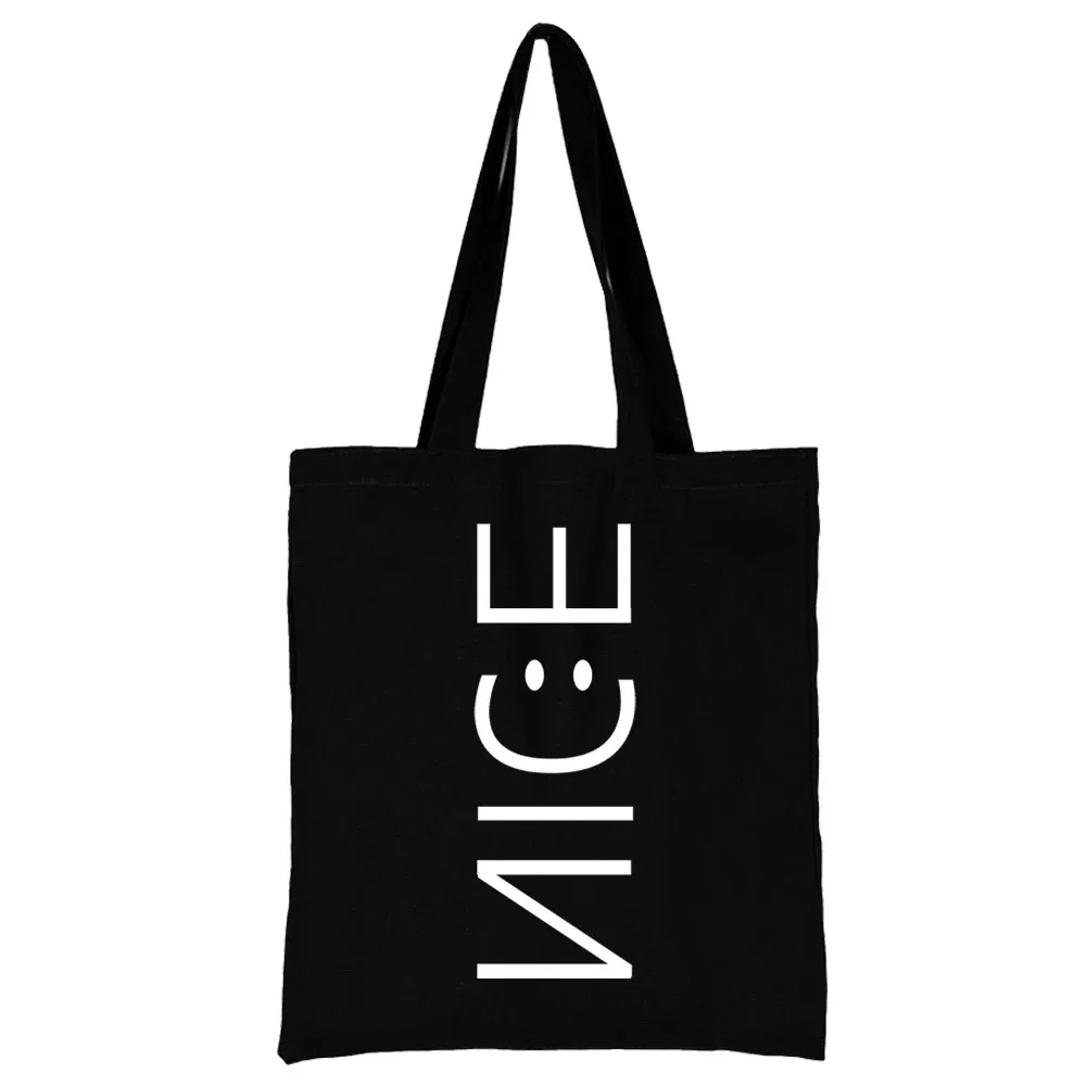 sac de shopping en toile noire pour femmes, fourre-tout décontracté réutilisable, sac à bandoulière à motif blanc imprimé, sac à main pliable de grande capacité