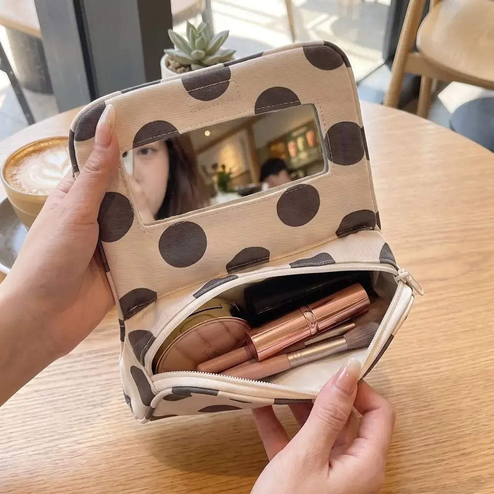 sac cosmétique portable en toile à pois, grande capacité, sac à rayures pour petits objets, multifonctionnel avec miroir de maquillage