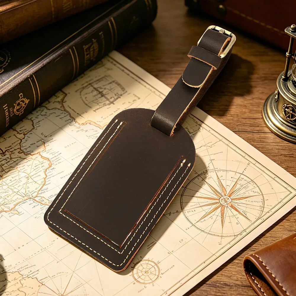 étiquette de bagage vintage en cuir véritable crazy horse avec cache de confidentialité, étiquette d'identification et d'adresse, sangle réglable, accessoire de voyage pour valise et bagages