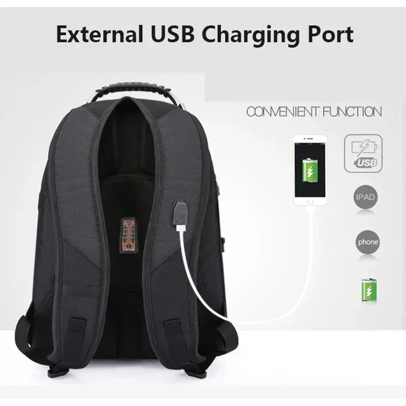 sacs multifonctionnels suisses durables, sac à dos pour ordinateur portable de 17 pouces, sac de voyage, sac à livres pour l'université, port de charge usb, résistant à l'eau