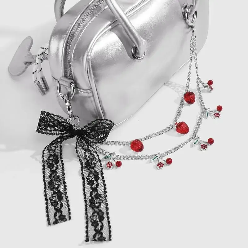 porte-clés en dentelle avec nœud cerise et fraise pour femmes, sacoche tendance, chaîne, pendentif de sac mignon, accessoires de décoration, cadeau