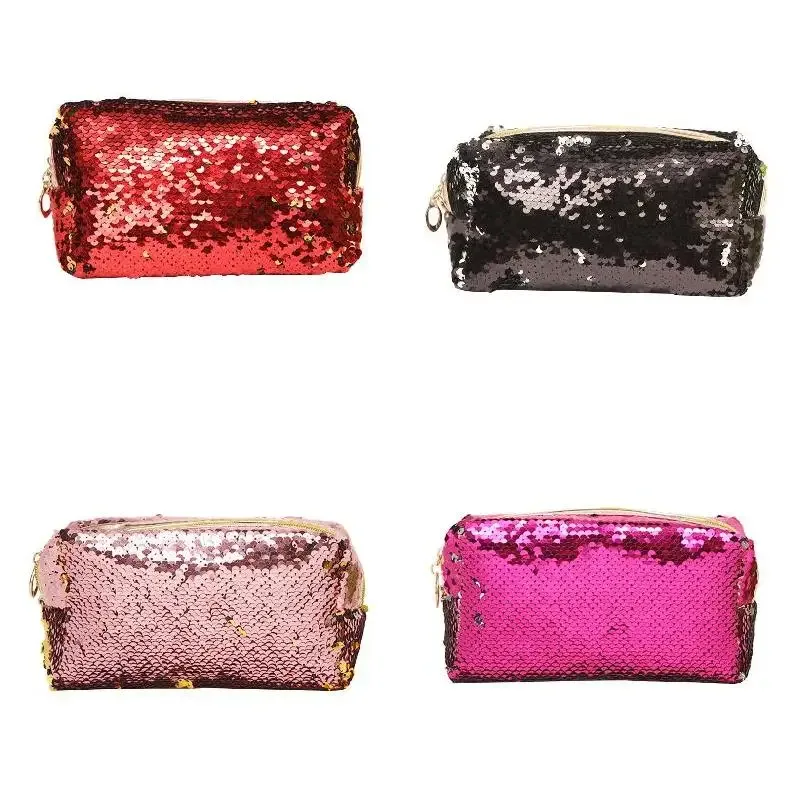 trousse de maquillage portable pour femme, paillettes, fermeture éclair, brosse, trousse de toilette, trousse à cosmétiques, évaluation, voyage