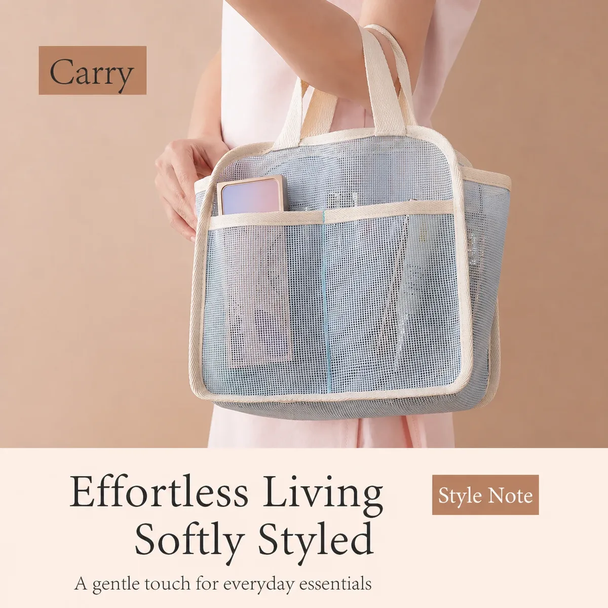 Pochette de rangement portable, sac à cosmétiques en maille multi-usages, organisateur de maquillage respirant, trousse de toilette transparente pour la douche