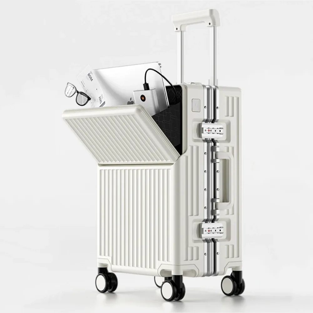 valise à ouverture frontale en matériau pc avec cadre en aluminium, serrure tsa, porte-gobelet, port de charge, bagage à roulettes de voyage 20/24/28/30 pouces