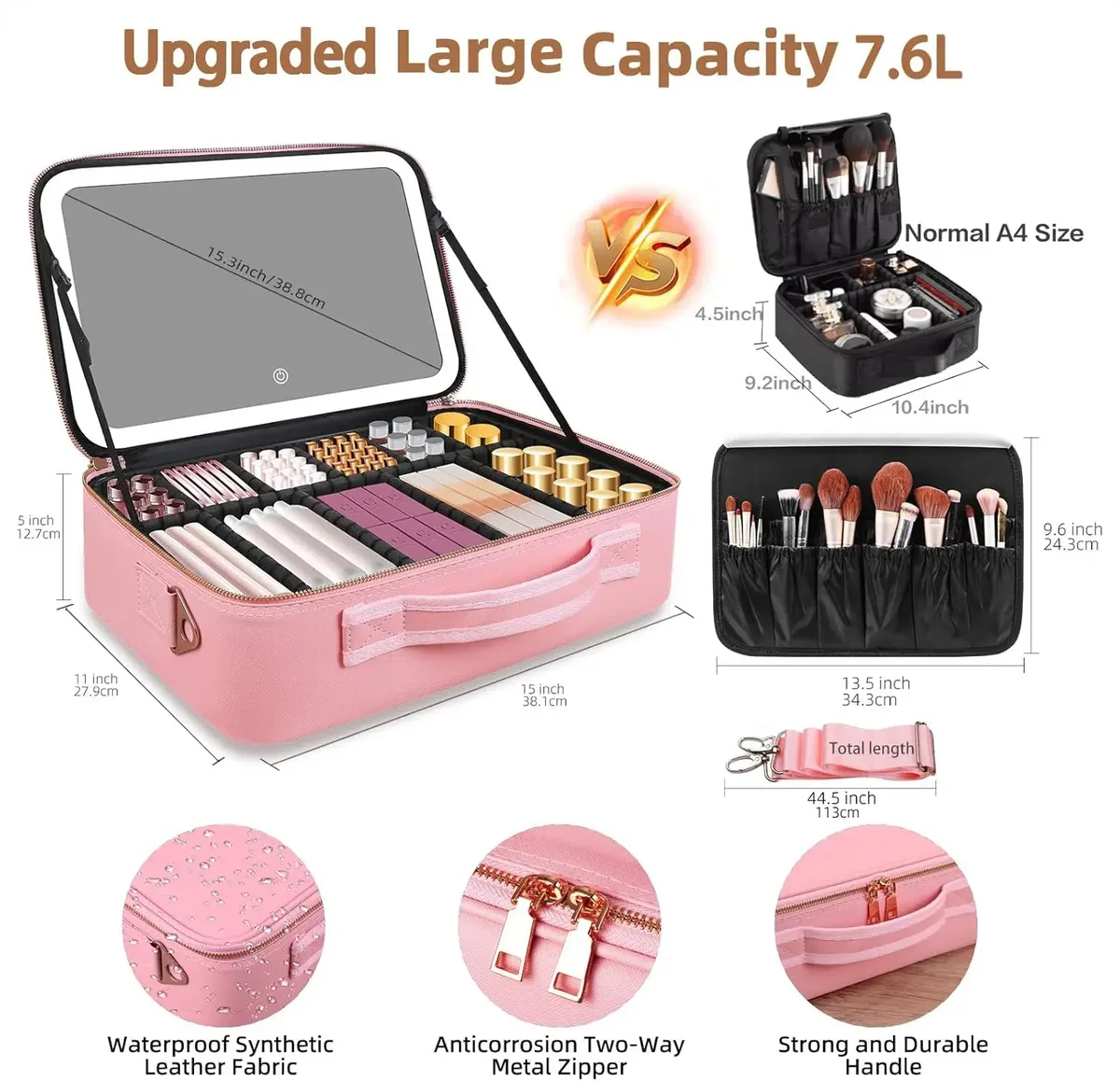 trousse de maquillage grande capacité 15''x11'' avec miroir led 3 couleurs, organiseur de maquillage, trousse de toilette de voyage