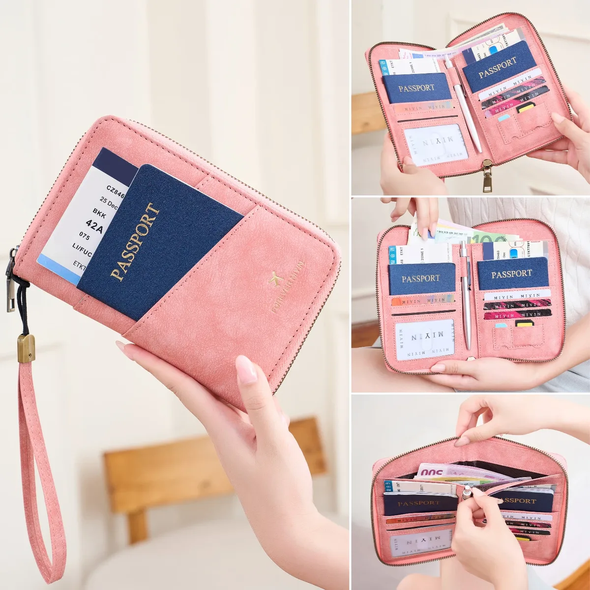 Porte-passeport multifonctionnel antivol RFID pour femme, sac de rangement portable à fermeture éclair, porte-passeport avec poche cachée pour AirTag