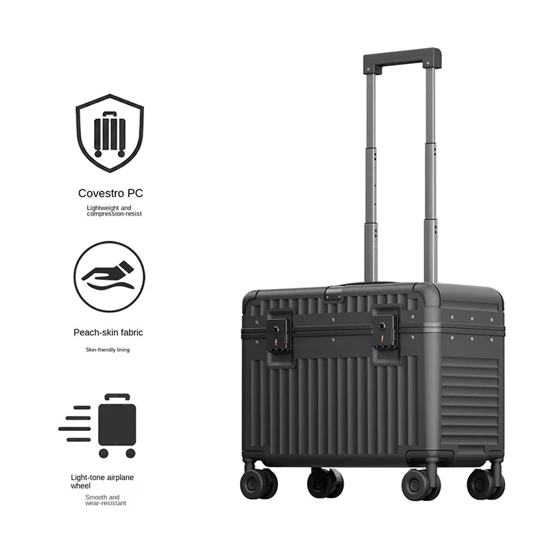 valise cabine en aluminium de 18 pouces, bagage de voyage, valise à roulettes de 20 pouces avec serrure à code, coffret de maquillage, boîte de rangement.