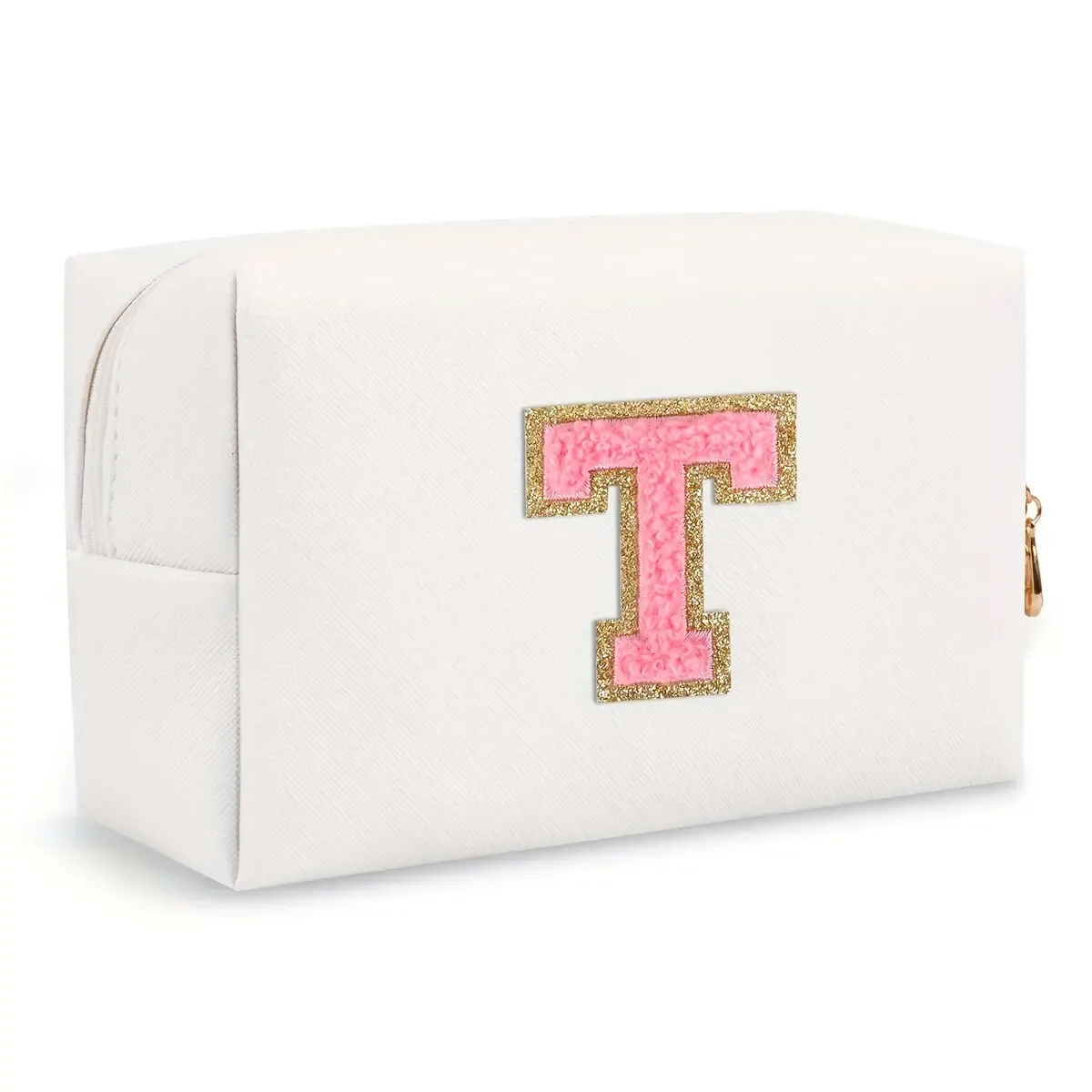 trousse de maquillage preppy pour femmes, trousse de toilette de voyage, sac à cosmétiques avec lettres en chenille, pochette étanche en cuir pu, joli organisateur à fermeture éclair-ll