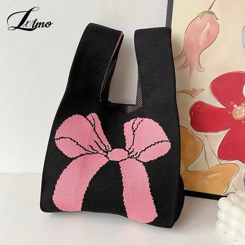 Sac à main en tricot fait à la main pour femme, mini sac de poignet à nœud, sac fourre-tout à carreaux à large rayure, sacs à provisions réutilisables pour étudiants, document décontracté japonais