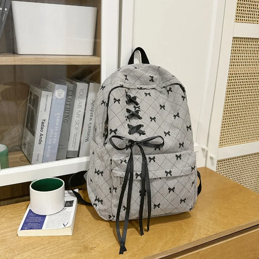 sac à dos en velours côtelé grande capacité avec nœud, léger, style coréen, sac à nœud, bretelles réglables, sac à double épaule pour étudiants