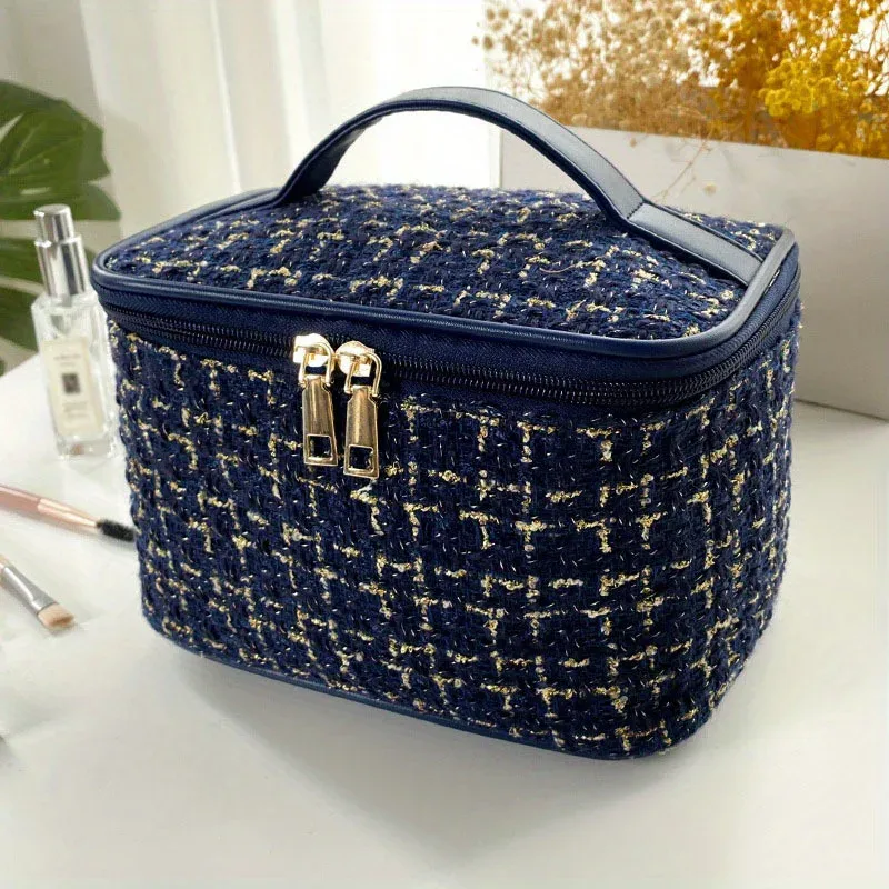 élégante trousse de maquillage en tweed avec poignée, sac de rangement cosmétique grande capacité, trousse de toilette portable pour femme