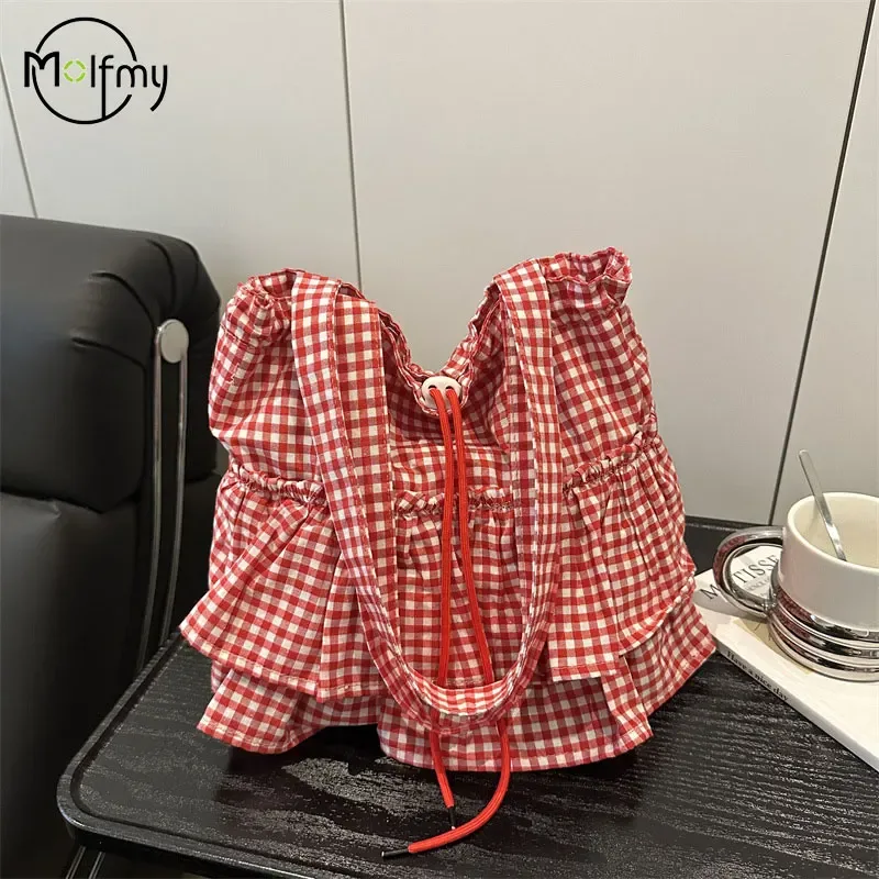 sac fourre-tout à volants pour femmes, sac à main à cordon de serrage, sacs à bandoulière en toile à la mode sacs coréens de grande capacité bolsos de mujer