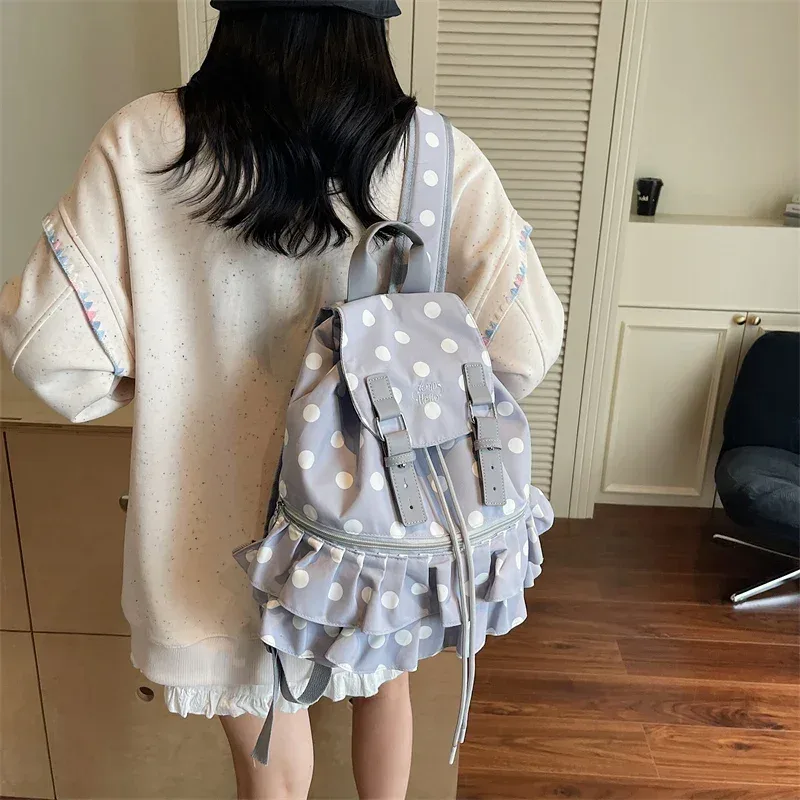 nouveau sac à dos femme en toile à volants et imprimé pois, grande capacité, idéal pour les vacances et les voyages
