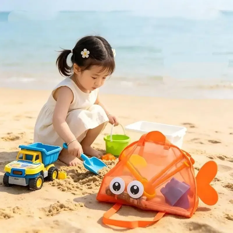 sac de rangement mignon de grande capacité, portable, pliable, en maille, pour organiser les jouets de plage, les voyages et les sports de plein air.