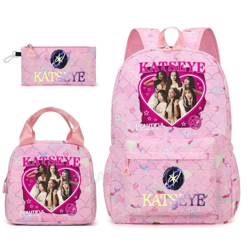 sac à dos amusant katseye, imperméable, grande capacité, pour ordinateur portable, sac d'école, pour femmes et hommes, motif dessin animé, sac de voyage, ensemble de 3 pièces.