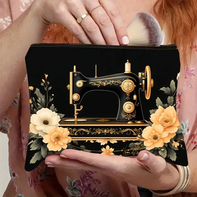 machine à coudre vintage avec décoration florale, sac de maquillage pliable léger avec fermeture éclair, pochette de rangement portable, trousse de beauté