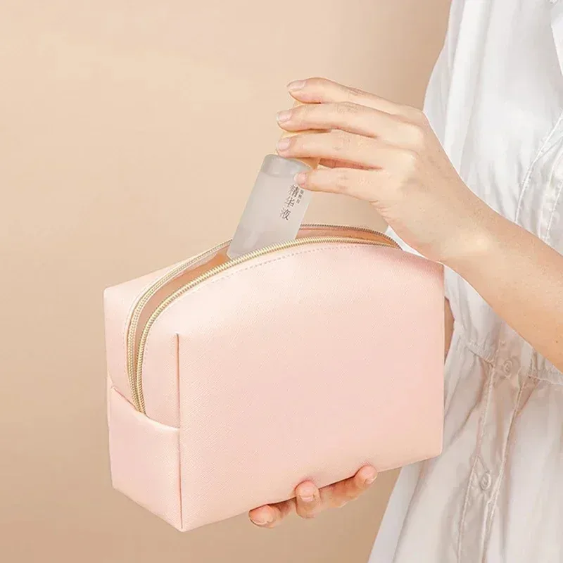 sac de maquillage pour femmes en cuir pu imperméable, couleur unie, trousse de toilette de voyage, organiseur de rangement cosmétique portable