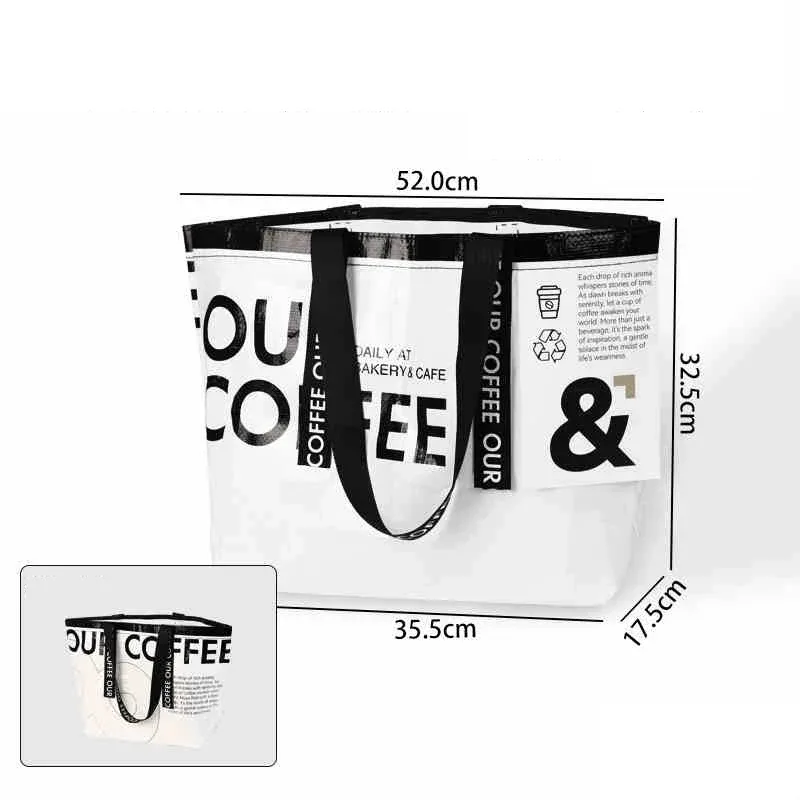 sac de courses tissé blanc imperméable, sac à bandoulière avec lettres anglaises, fourre-tout réutilisable, sac à main portable, sac d'épicerie pour vêtements et linge