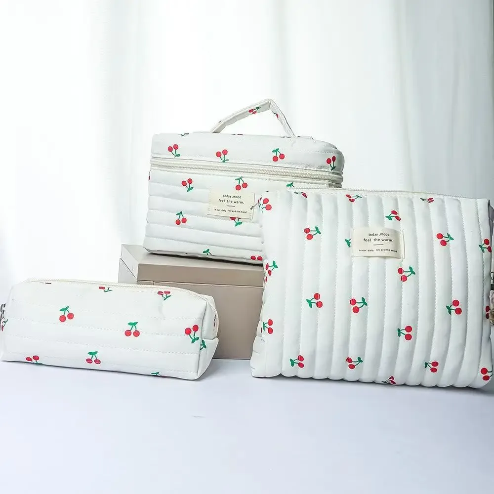 trousse de maquillage en coton matelassé avec nœud et fleur, sac cosmétique zippé pour femme, pochette portable en tissu pour filles