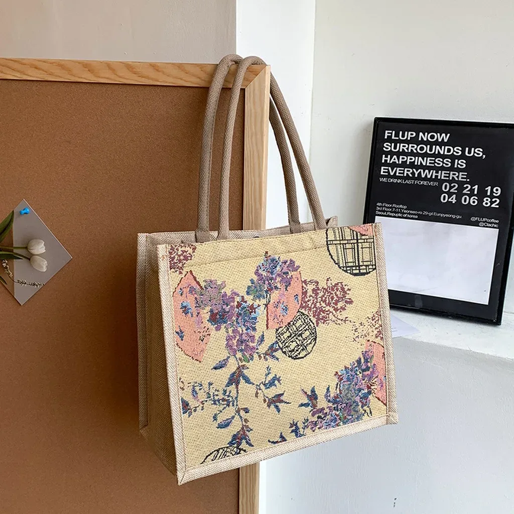 sac fourre-tout en lin élégant pour les trajets quotidiens, sac à main de grande capacité, sac fourre-tout chinois léger pour les rendez-vous, l'école et les trajets quotidiens
