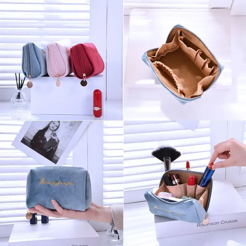 sac à cosmétiques pour femmes, fermeture éclair, lettre en velours brodée, pochette de maquillage solide pour cosmétiques, trousse de toilette, sacs de maquillage féminins