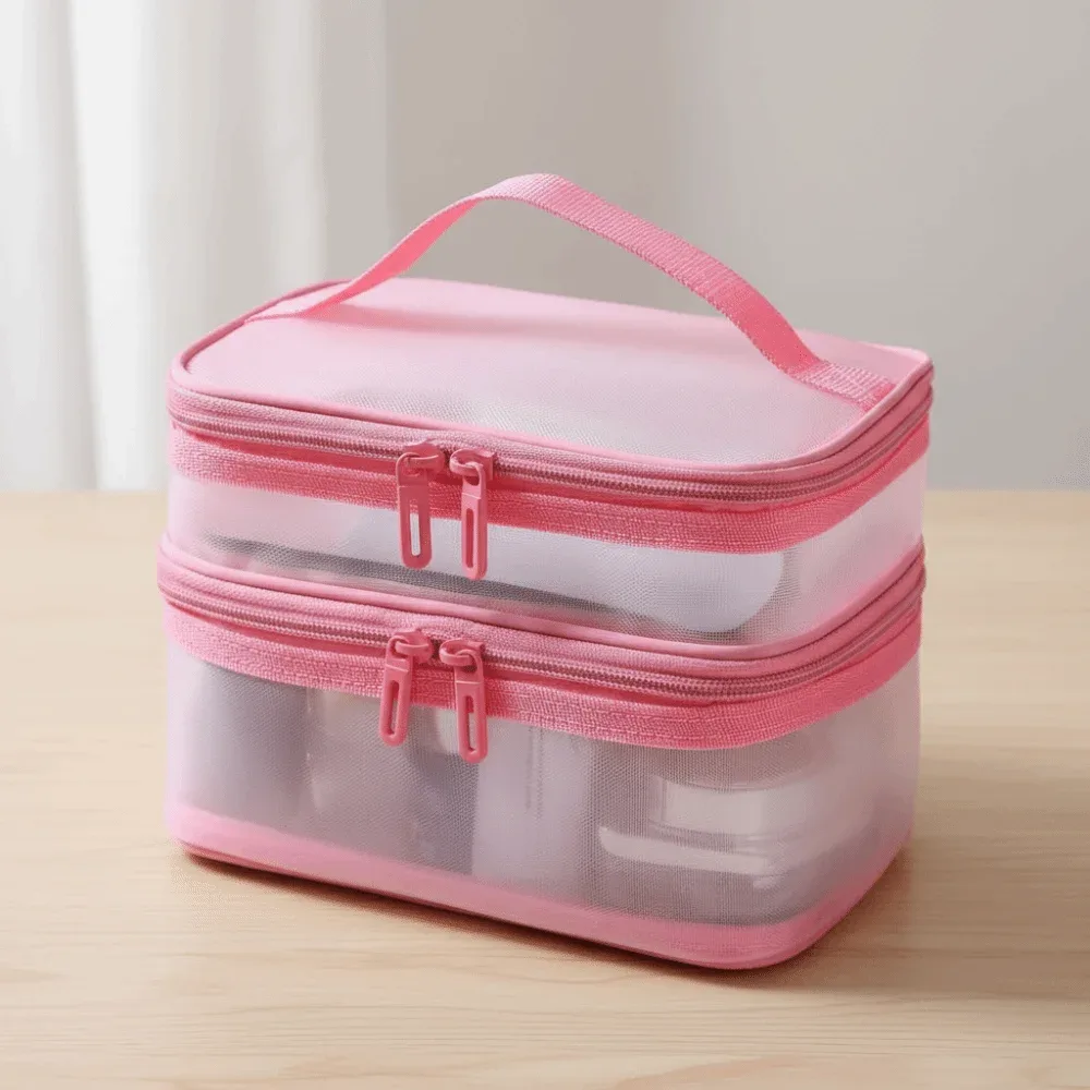 sac de voyage transparent en maille pour cosmétiques, sac de rangement de grande capacité, sac de rangement pour maquillage, sac de toilette à 2/3 couches, sac de toilette pour la gym et la natation