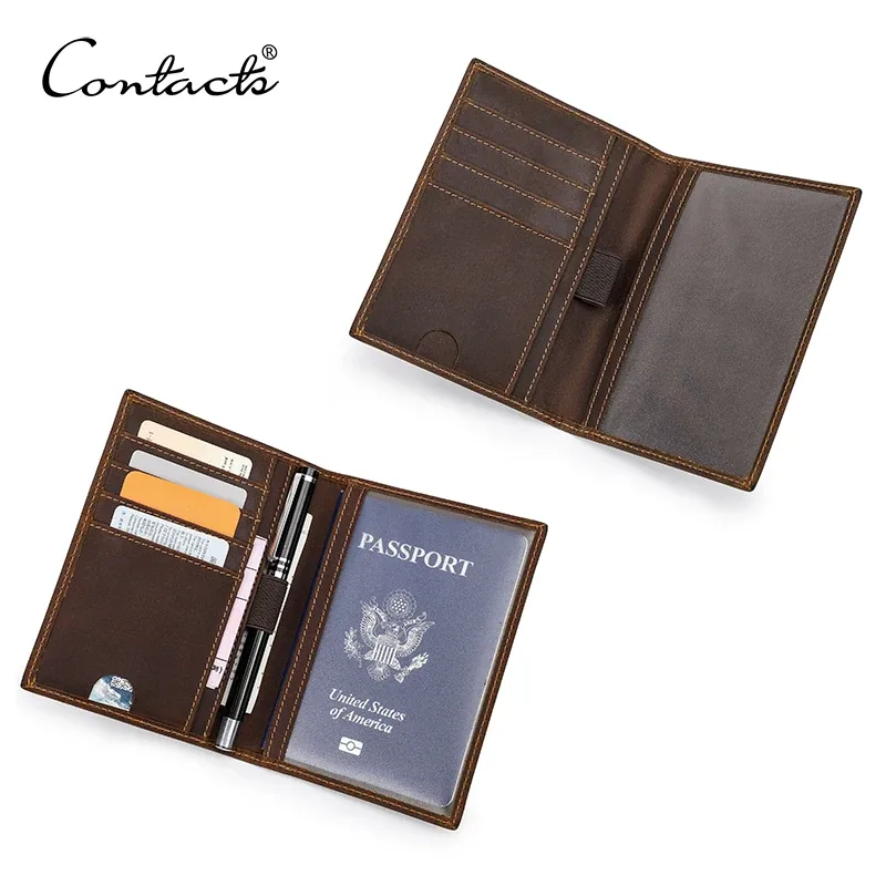 Porte-passeport CONTACT'S pour homme, en cuir véritable, mini portefeuille, porte-cartes, housse de passeport vintage, portefeuille de voyage