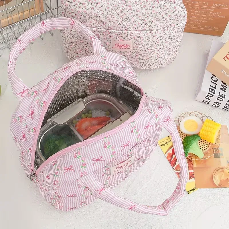 grande capacité - sac fourre-tout imprimé de jolies fleurs, fraises et cerises, pour garder les repas au chaud et au froid (non en contact avec les aliments)