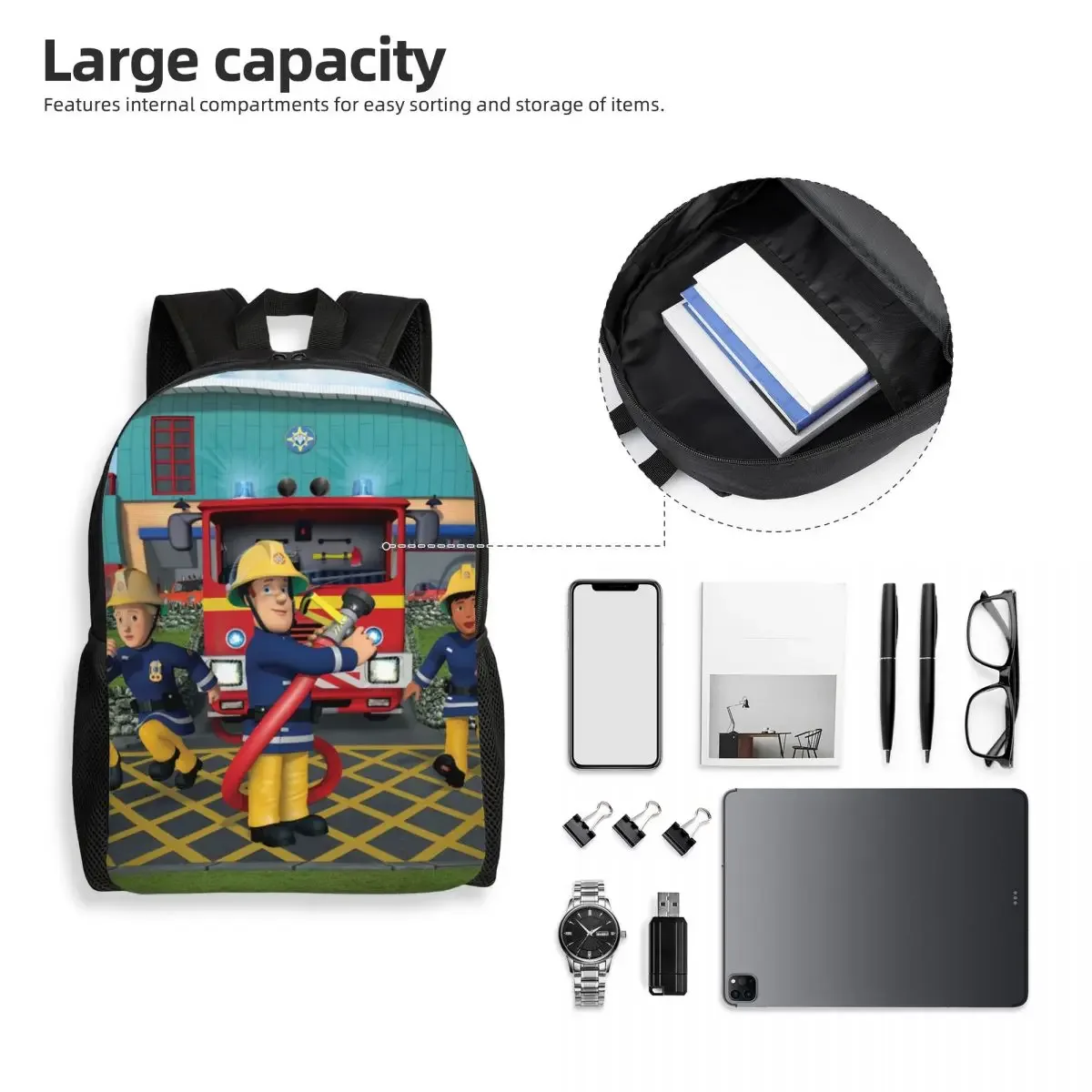 sac à dos de voyage personnalisé sam le pompier pour hommes et femmes, cartable pour ordinateur portable d'école, sac à dos d'étudiant de dessin animé