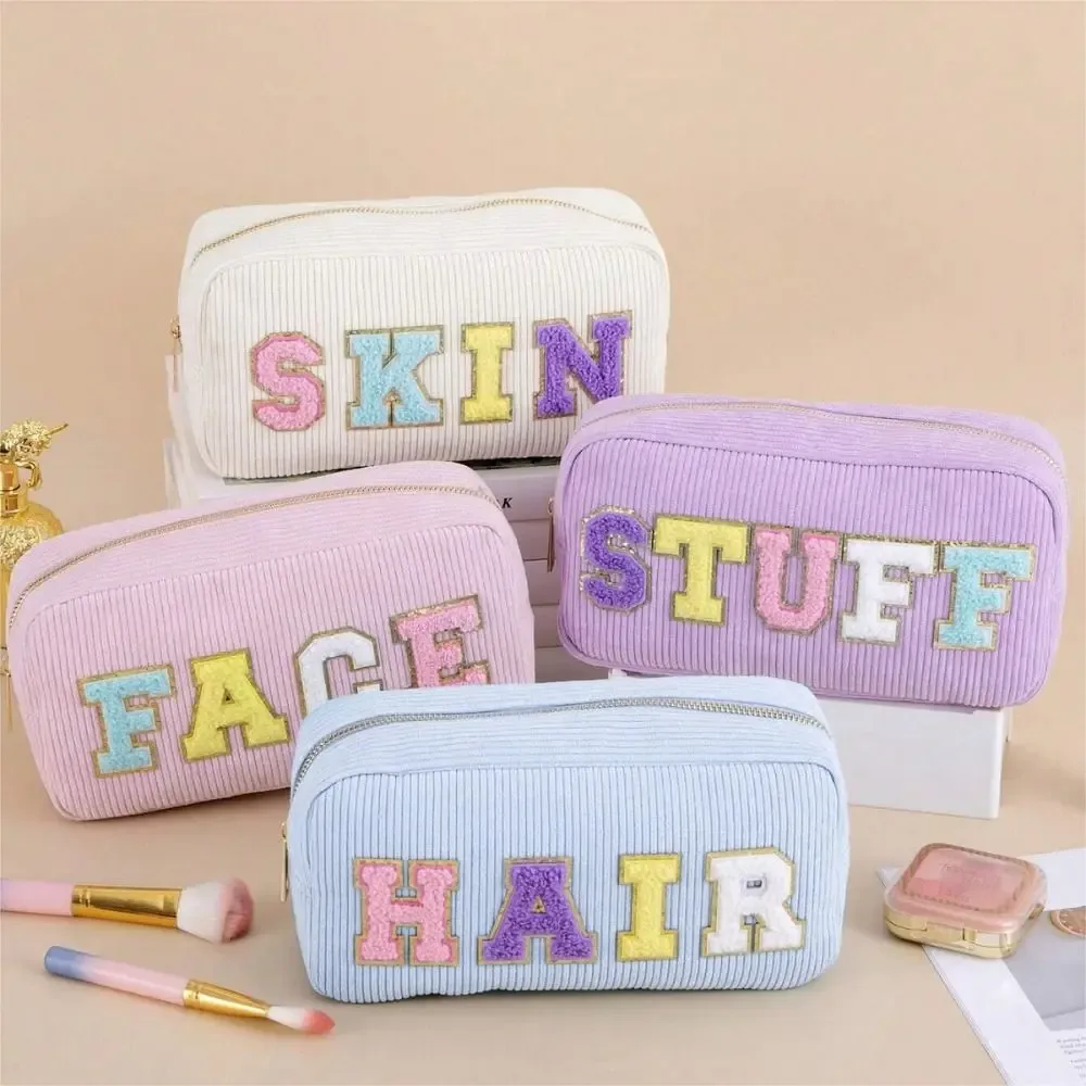 Sac de rangement en velours côtelé rose beige bleu violet broderie lettre sac de voyage maquillage grande capacité organisateur de rouge à lèvres femmes filles