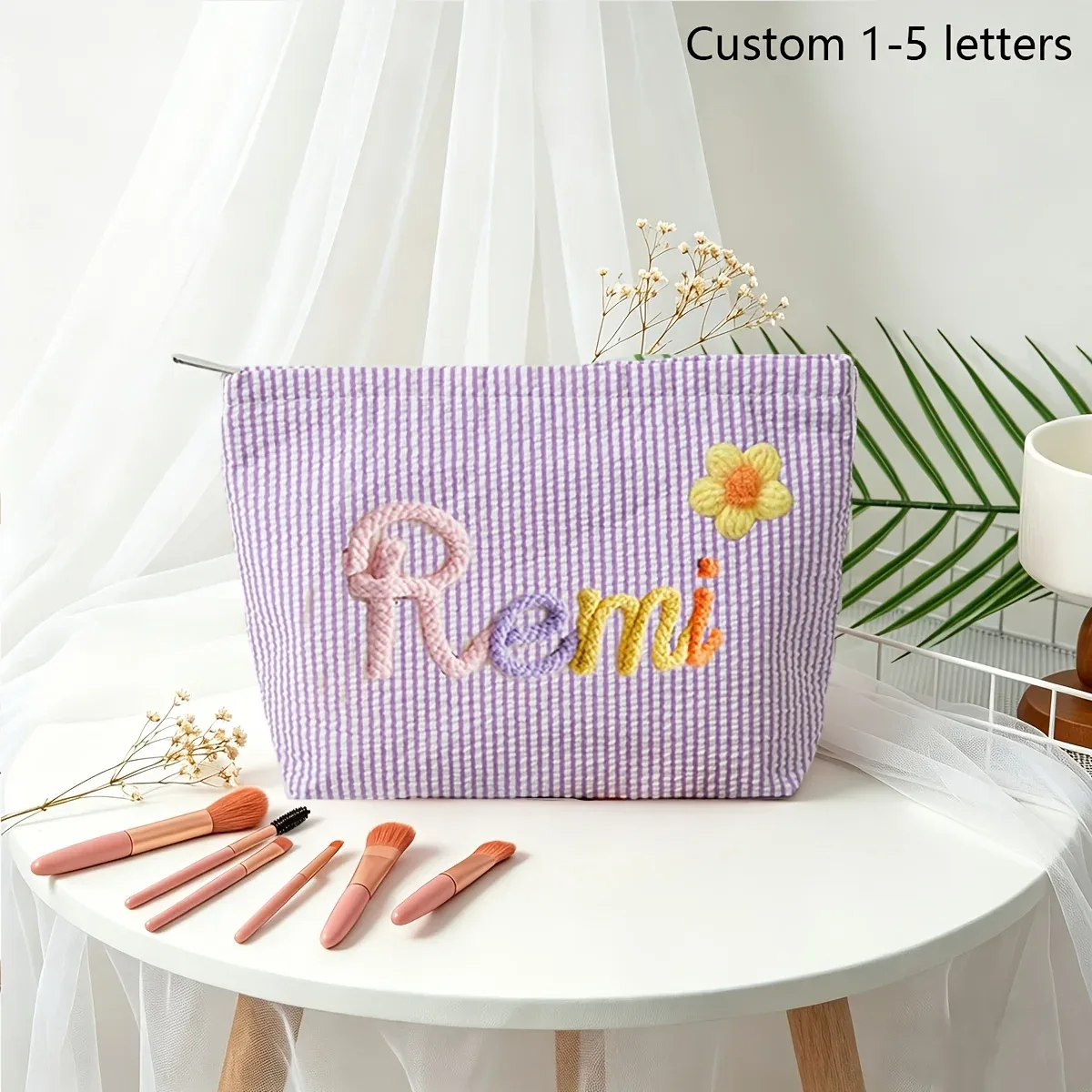 1 pièce trousse de maquillage personnalisable en seersucker rayé, pochette cosmétique de voyage portable, sac de rangement pour la plage d'été, cadeau pour demoiselle d'honneur et petite amie