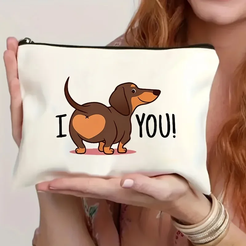 pochette zippée en toile avec citation « bonne nuit » et motif teckel rayé, sac à cosmétiques mignon avec imprimé chien de dessin animé pour les amoureux des chiens, trousse de toilette de voyage