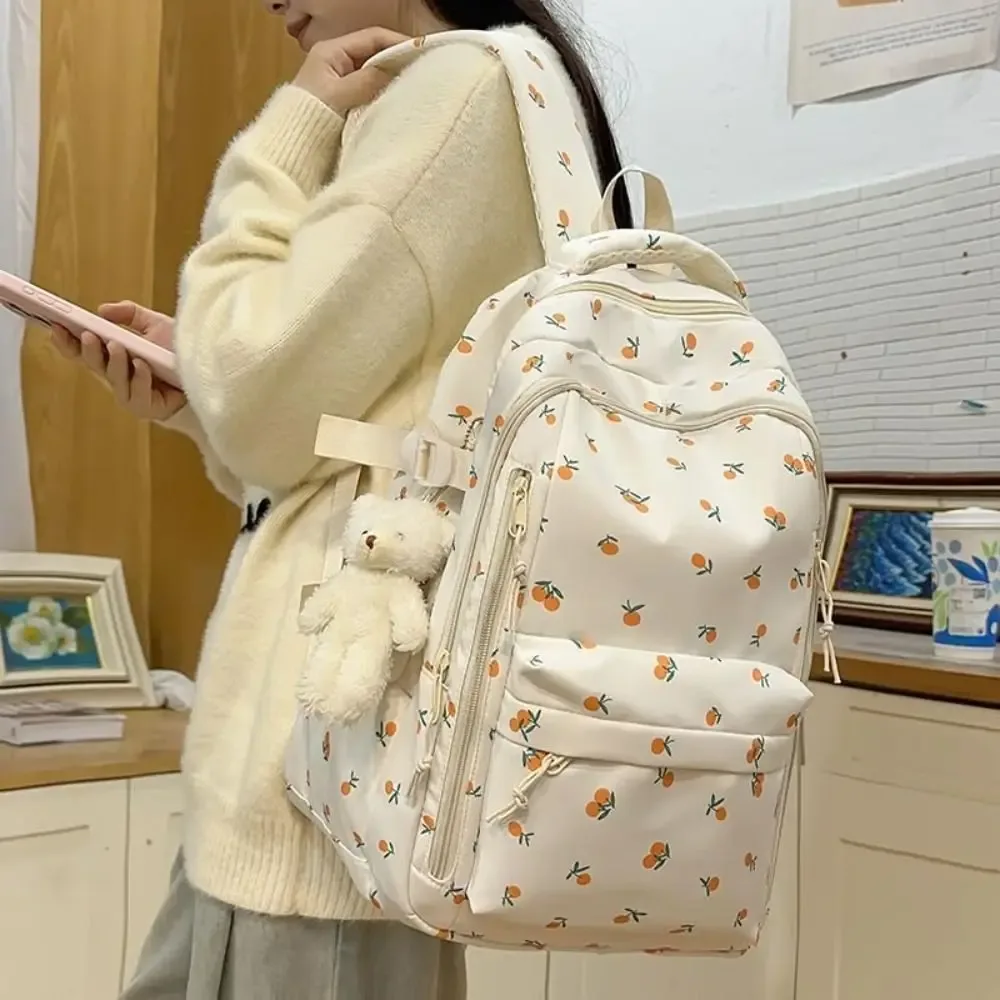 sac d'école en nylon pour étudiants, motif floral, style preppy, sac à dos pour femmes avec pendentif, grande capacité, sac à dos de voyage