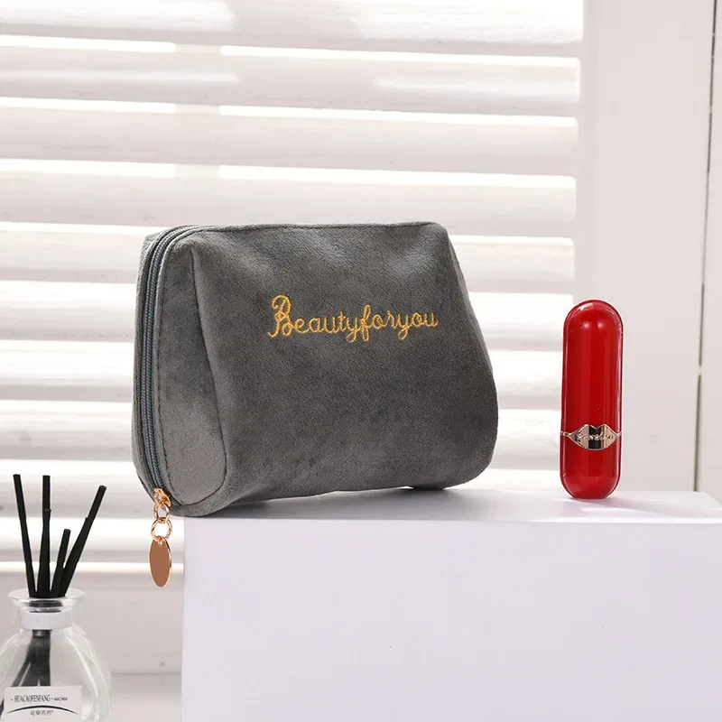 sac à cosmétiques pour femmes, fermeture éclair, lettre en velours brodée, pochette de maquillage solide pour cosmétiques, trousse de toilette, sacs de maquillage féminins