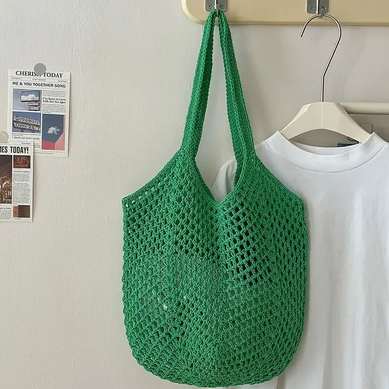nouveau sac à bandoulière décontracté en coton tricoté grande capacité, style paresseux, avec motif ajouré en paille, pour femme, idéal pour les vacances et la plage