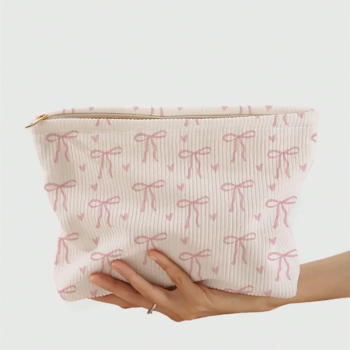 sac à cosmétiques à nœud papillon rose, organisateur de maquillage à fermeture éclair en velours côtelé, sac de rangement de cosmétiques léger et portable pour femmes, sac à main de voyage
