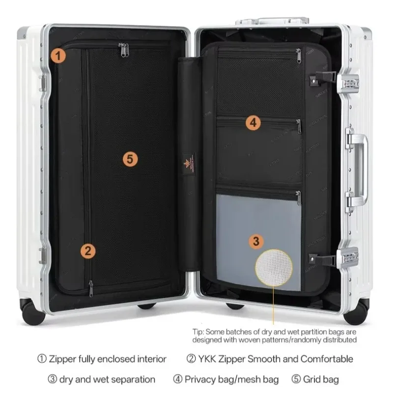 nouvelle valise de luxe 2026 en pc rigide avec cadre en aluminium, serrure tsa, bagage à roulettes pour femme, tailles 20/24/26/28 pouces