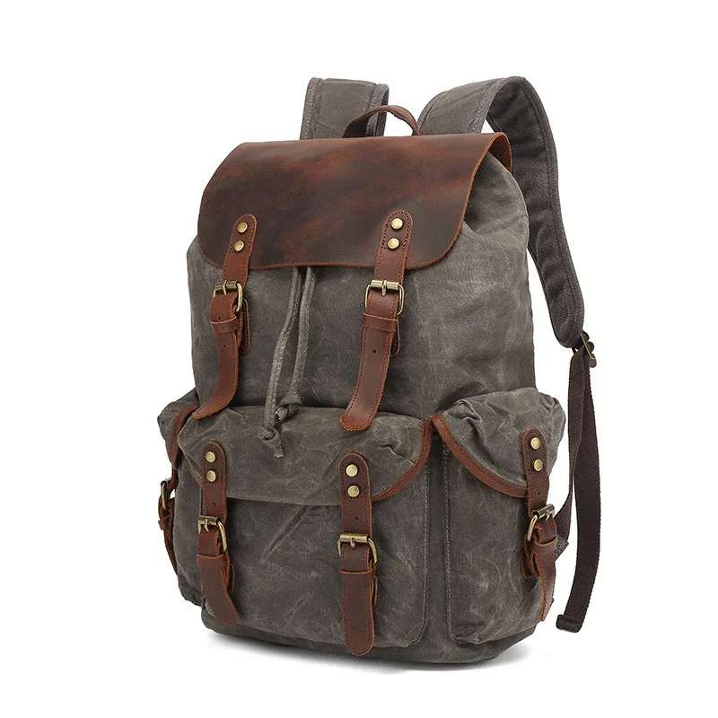 sac à dos en toile de cire d'huile pour femmes, sac de voyage vintage étanche de grande capacité, mochila en cuir pour ordinateur portable avec cordon