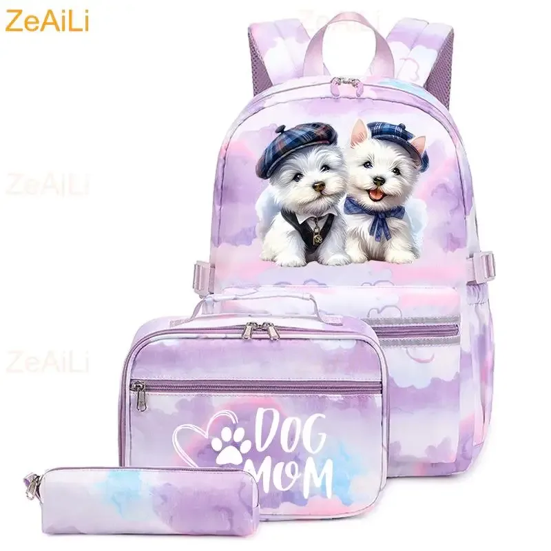 lot de 3 sacs à dos mignons pour étudiants et adolescents, motif patte de chien et chat, couleur violette, avec sac à déjeuner, sac de voyage coloré, sacs d'école pour garçons et filles, ensembles de mochilas