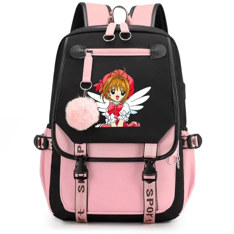 anime carte captor sakura sac à dos en nylon livre scolaire étudiant sacs de voyage ordinateur portable décontracté port usb sac de messager