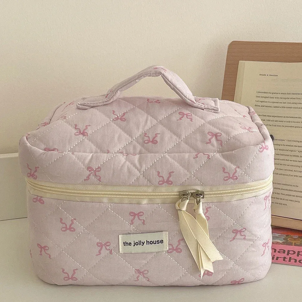 3 pièces grand + moyen + petit nœud papillon rose matelassé femmes sacs à cosmétiques portable fermeture éclair maquillage voyage organisateur sac à main pochette de toilette