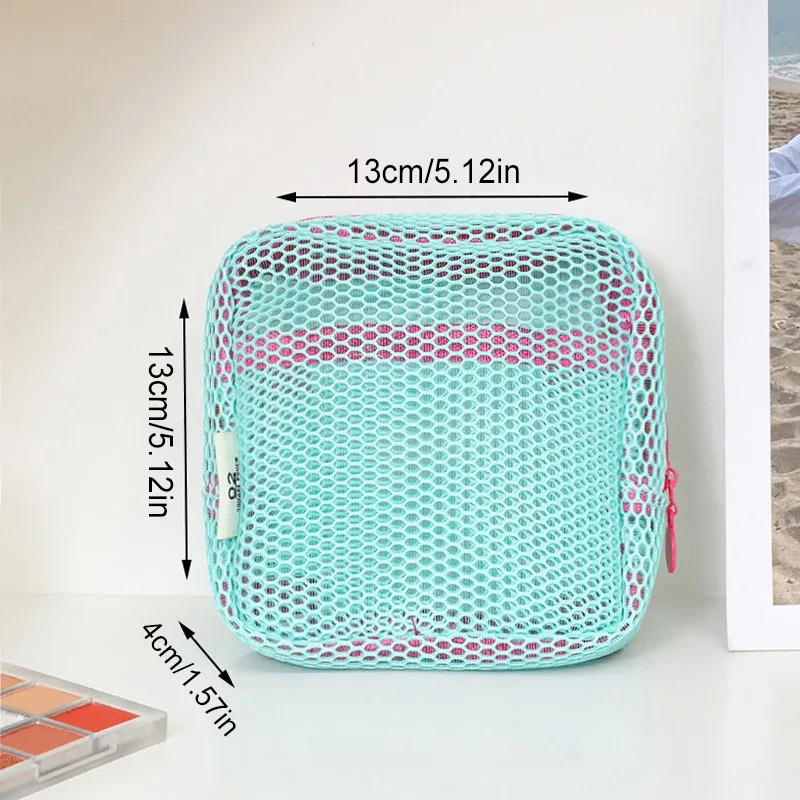sac à cosmétiques carré en maille, sac de rangement carré portable pour cosmétiques avec fermeture éclair, sac de rangement multi-usages pour articles divers