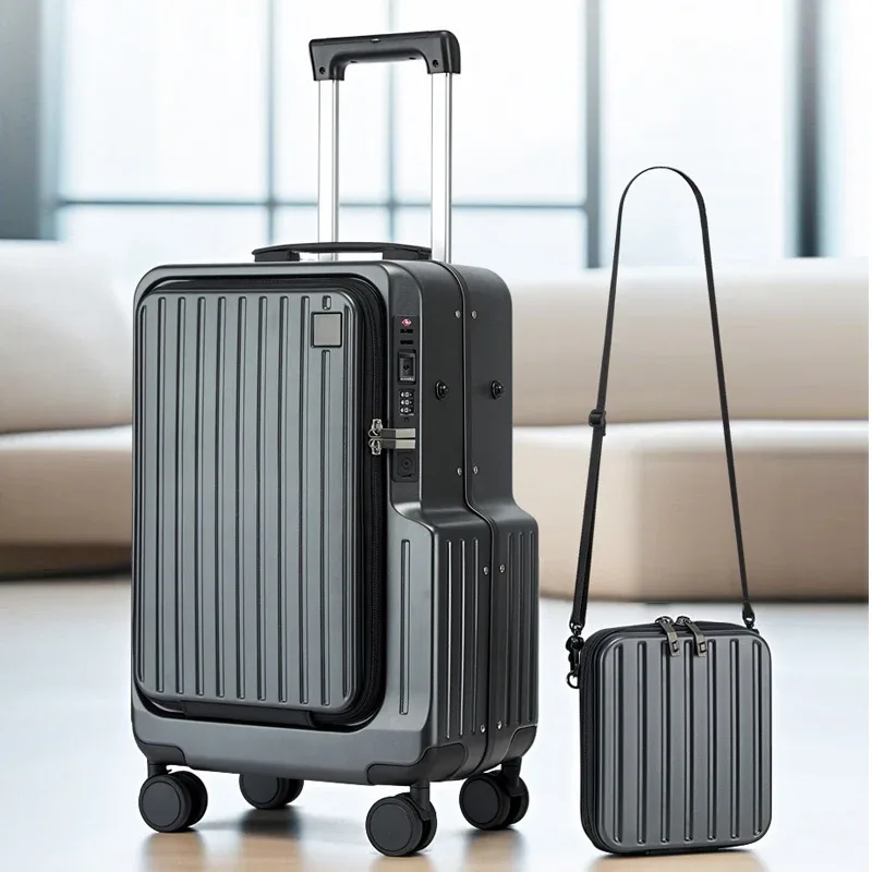 Valise à ouverture frontale en aluminium, 20 pouces, multifonctionnelle, avec petit sac bandoulière amovible