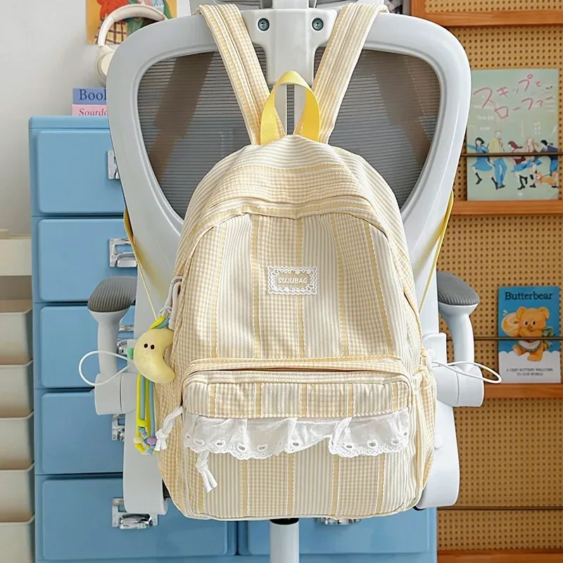 sac à dos coréen simple et esthétique en dentelle à volants, couleur unie, rayé, grande capacité, pour étudiantes, idéal pour l'école, les trajets quotidiens et les voyages