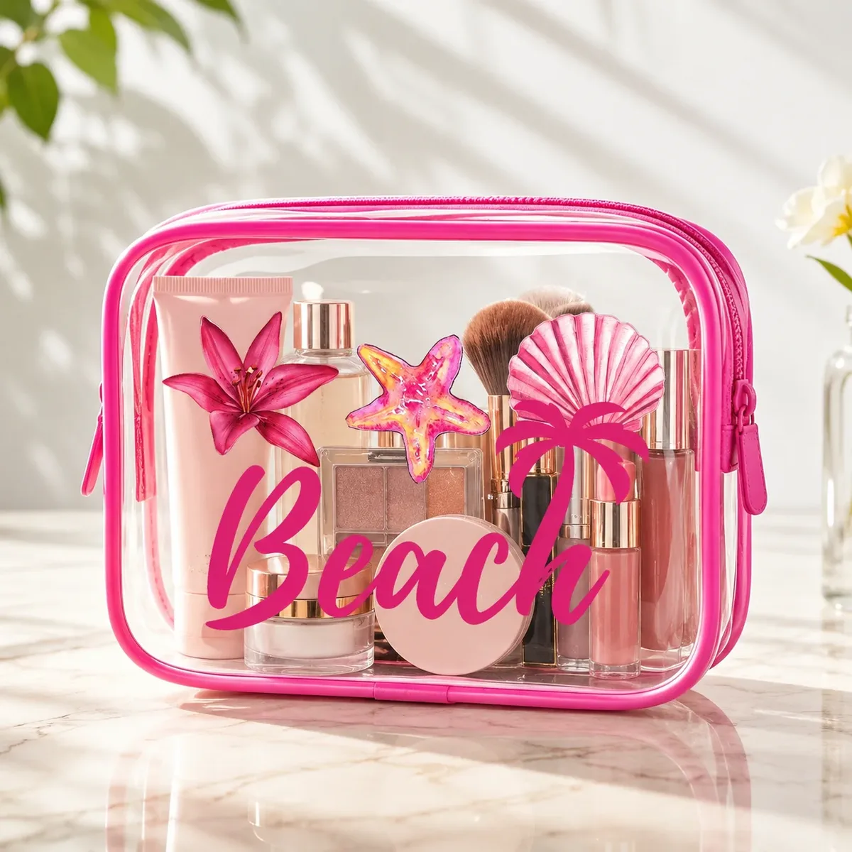 Pochette de maquillage transparente en PVC à imprimé plage rose, pochette de rangement cosmétique de voyage imperméable pour femmes, rangement pour articles de toilette et soins de la peau