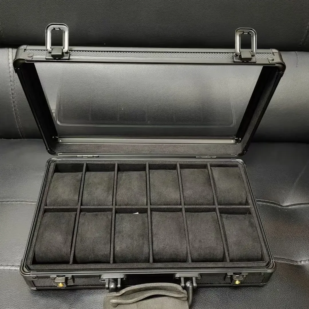 boîte de rangement de bijoux en aluminium à 12 fentes avec fenêtre, organisateur de boîtier de montre de luxe à lumière supérieure transparente pour porte-documents de montres