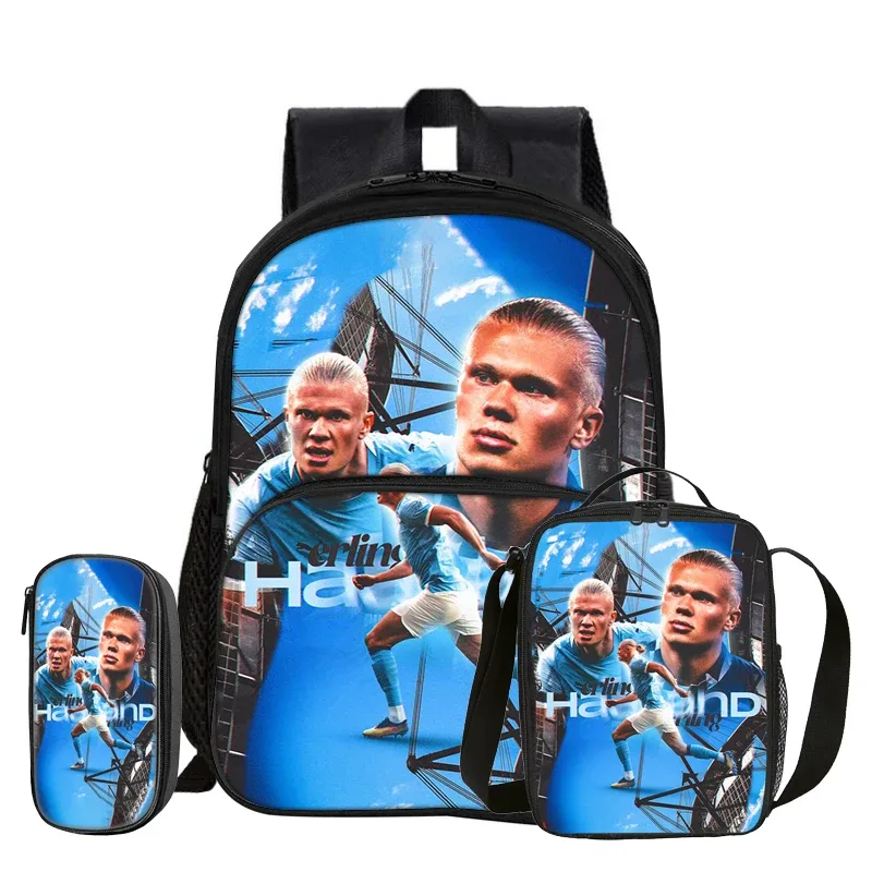 Ensemble de 3 pièces Haaland avec sac à dos à poche avant, sac à déjeuner isotherme, trousse à crayons de footballeur, cadeau pour enfants