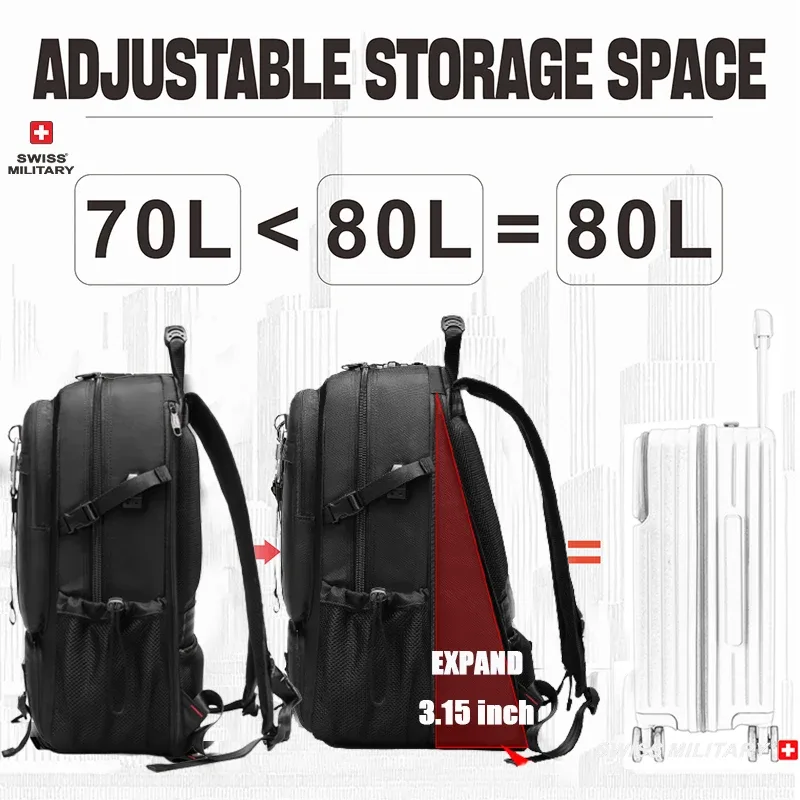 sac à dos de voyage militaire suisse pour hommes, sac d'affaires usb extensible, étanche, grande capacité 17.3, pochette d'ordinateur 80l