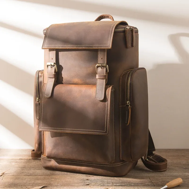 nasva-sac à dos en cuir vintage pour homme, sac de voyage, camping, école, bureau, sacoche pour ordinateur portable