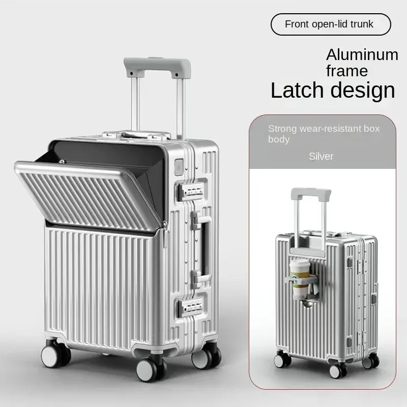 nouveau bagage cadre en aluminium ouverture avant pochette d'ordinateur valises de voyage multifonctions 20 pouces transporteur cabine sac boîtier de chariot